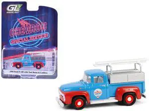 1956 Ford F-100 Pickup Truck with Tool Boxes and Ladders "Chevron" Blue and Red 1/64 Die Cast Model Car by Greenlight