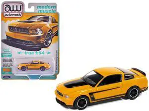 2012 Ford Mustang Boss 302 Yellow Blaze with Black Accents "Modern Muscle" 1/64 Diecast Model Cars by Auto World