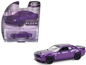 2023 Dodge Challenger SRT Hellcat Plum Crazy Metallic with Black Stripes "Showroom Floor" 1/64 Diecast Model Car by Greenlight