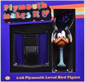 Plymouth Loved Bird Figure with Plum Crazy Hood Stand 1/18 Scale Model by ACME