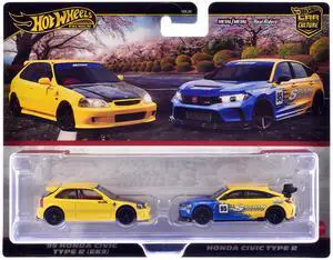 1999 Honda Civic Type R (EK9) RHD Yellow with Red Interior and Type R #95 Blue and Yellow Set Diecast Model Cars by Hot Wheels