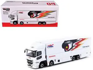 Mitsubishi Fuso Truck with Transporter "Team MUGEN - HRC" White with Graphics "Truck64" 1/64 Diecast Model Car by Tarmac Works