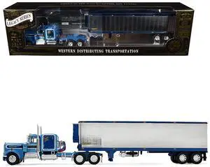 Kenworth W900A with 60" Flat Top Sleeper and 40' Vintage Refrigerated Trailer Blue 1/64 Diecast Model made by DCP/First Gear