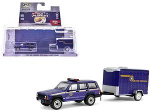 2001 Jeep Cherokee "New York State Police" Blue with Yellow Stripes & Small Cargo Trailer 1/64 Diecast Model Cars by Greenlight