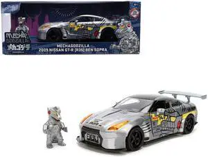 2009 Nissan GT-R (R35) Ben Sopra Brushed Metal with Black & Graphics and Figure "Godzilla" Franchise 1/24 Diecast Model by Jada