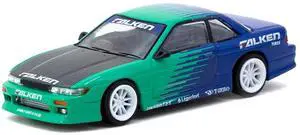 Nissan Silvia (S13) Vertex RHD "Falken Tires" Green & Blue wuth Carbon Hood "Global64" Series 1/64 Diecast Model by Tarmac Works