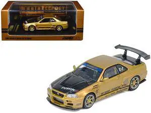 Nissan Skyline GT-R (R34) RHD "Top Secret" Gold Metallic with Carbon Hood and Trunk 1/64 Diecast Model Car by Inno Models