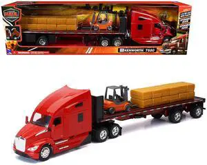 Kenworth T680 Truck Red and Flatbed Trailer with Forklift and Hay Load "Long Haul Trucker" Series 1/32 Die Cast Model by New Ray