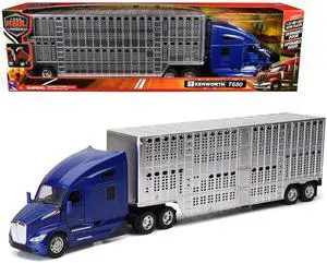 Kenworth T680 Truck Blue Metallic with Livestock Trailer Chrome "Long Haul Trucker" Series 1/32 Die Cast Model by New Ray