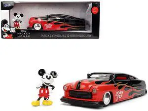 1951 Mercury Coupe Black with Flame Graphics and Red Interior and Figure "Disney's Mickey Mouse" 1/24 Diecast Model by Jada