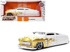 1951 Mercury Coupe White with Gold Flames "Bigtime Muscle" Series 1/24 Die Cast Model Car by Jada
