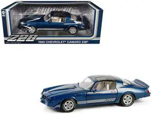 1980 Chevrolet Camaro Z28 with T-Tops Dark Blue Metallic w/Stripes and Light Gray Interior 1/18 Diecast Model Car by Greenlight