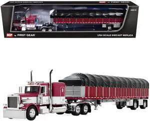 Peterbilt 389 w/63" Flat Top Sleeper and 53 Wilson Flatbed Trailer w/Wagon Maroon w/White 1/64 Diecast Model by DCP/First Gear