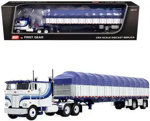 Peterbilt 352 COE 110" Sleeper and 53 Wilson Flatbed with Wagon White with Blue Stripes 1/64 Diecast Model by DCP/First Gear