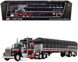 Kenworth W900A with 60" Aerodyne Sleeper and 53 Wilson Flatbed with Wagon Black with Red 1/64 Diecast Model by DCP/First Gear