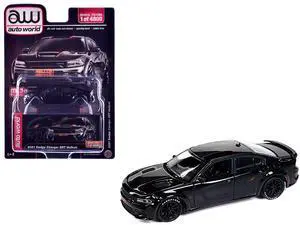 2021 Dodge Charger SRT Hellcat Black with Graphics and Orange Stripes Limited Edition 1/64 Diecast Model Car by Auto World