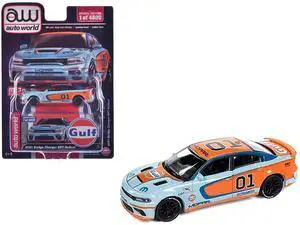 2021 Dodge Charger SRT Hellcat #01 "Gulf Oil-MOPAR" Light Blue and Orange Limited Edition 1/64 Diecast Model Car by Auto World