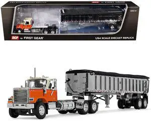 Chevrolet Bison Day Cab with East End Dump Trailer Orange and Beige 1/64 Diecast Model made by DCP/First Gear