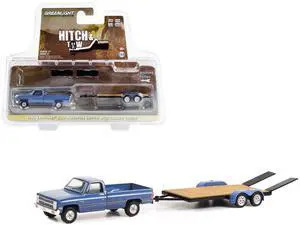 1981 Chevrolet C-20 Trailering Special Truck Blue with Black Stripes and Flatbed Trailer 1/64 Diecast Model Car by Greenlight