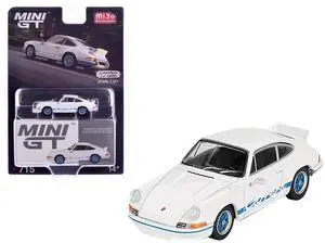 Porsche 911 Carrera RS 2.7 Grand Prix White with Blue Stripes and Wheels Limited Edition  1/64 Diecast Model Car by Mini GT