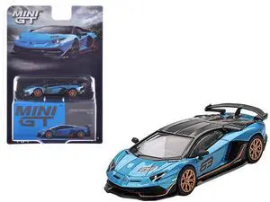 Lamborghini Aventador SVJ 63 Blu Aegir Blue Metallic with Carbon Top Limited Edition 1/64 Diecast Model Car by Mini GT