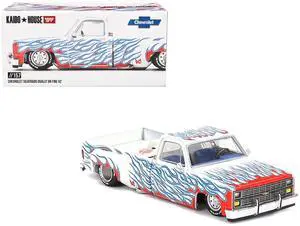 Chevrolet Silverado Dually Pickup Truck "On Fire V2" White Met w/Blue Flames and Blue Interior 1/64 Diecast Model Car by Mini GT