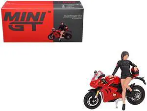 Ducati Panigale V4 S Motorcycle Red with Ducati Girl Figure Limited Edition 1/64 Diecast Model by Mini GT