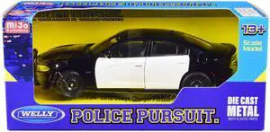 2016 Dodge Charger Pursuit Police Interceptor Black and White Unmarked "Police Pursuit" Series 1/24 Diecast Model Car by Welly