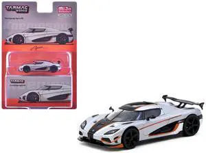 Koenigsegg Agera RS Moon Silver Metallic with Black and Orange Stripes "Global64" Series 1/64 Diecast Model by Tarmac Works