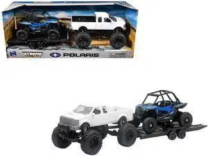 Lifted Pickup Truck White and Polaris RZR XP Turbo Blue with Flatbed Trailer "Xtreme Off-Road" Series Diecast Model by New Ray