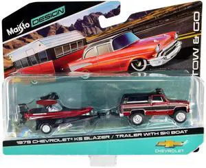 1979 Chevrolet K5 Blazer Red Met. and Matt Black and Ski Boat Red Met. and Matt Black with Trailer 1/64 Diecast Models by Maisto