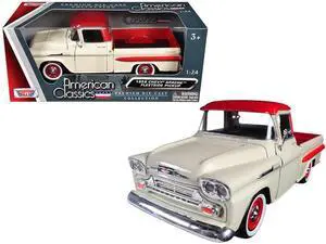 1958 Chevrolet Apache Fleetside Pickup Truck Cream with Red Top 1/24 Diecast Model Car by Motormax