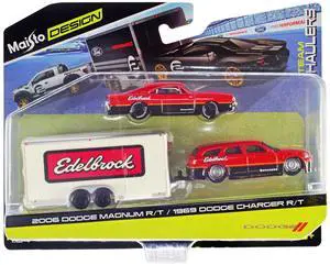 2006 Dodge Magnum R/T Red and Black and 1969 Dodge Charger R/T Red and Black w/Car Trailer 1/64 Diecast Model Car by Maisto