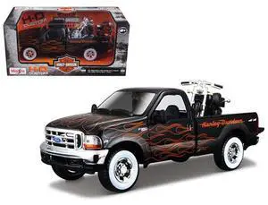 1999 Ford F-350 Super Duty Pickup 1/27 Black with Flames & 2002 FLSTB Night Train Harley Davidson 1/24 Diecast Models by Maisto