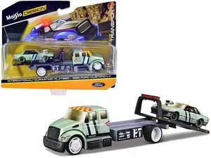 International DuraStar Flatbed Truck & 1988 Ford Mustang LX Light Green Met. w/Stripes & Graphics 1/64 Diecast Models by Maisto