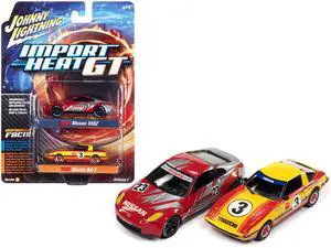 2006 Nissan 350Z #23 Red and Silver w/Graphics & 1981 Mazda RX-7 #3 Yellow w/Stripes 1/64 Diecast Model Cars by Johnny Lightning