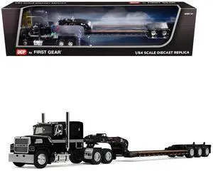 Ford LTL 9000 with 60" Flat Top Sleeper & Fontaine Magnitude Tri-Axle Lowboy Trailer Black 1/64 Diecast Model made by DCP/First Gear