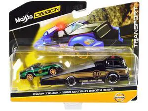 Ramp Truck #80 Dark Gray Met. w/Gold Met. Stripes & 1980 Datsun 280ZX #80 Green Met. w/Stripes 1/64 Diecast Models by Maisto