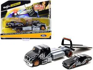 International DuraStar Flatbed Truck #22 and 1988 Ford Mustang LX #22 Matt Black w/Gray Graphics 1/64 Diecast Models by Maisto