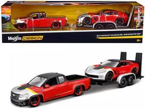2017 Chevrolet Colorado ZR2 Truck Red & 2015 Chevrolet Corvette Z06 Red w/Flatbed Trailer 1/24 Diecast Model Cars by Maisto
