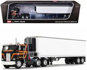 Peterbilt 352 COE 86" Sleeper and 40' Vintage Trailer with Reefer Black with Stripes 1/64 Diecast Model made by DCP/First Gear