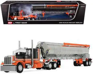 Peterbilt 379 with 48" Flat Top Sleeper and Walinga Bulk Feed Trailer Orange and Black 1/64 Diecast Model made by DCP/First Gear