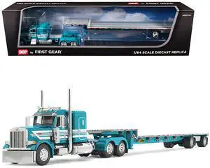 Peterbilt 379 w/ 48" Flat Top Sleeper and Transcraft Step Deck Trailer Teal with White 1/64 Diecast Model made by DCP/First Gear
