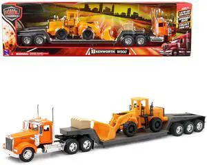 Kenworth W900 Truck with Lowboy Trailer Orange and Wheel Loader Yellow "Long Haul Trucker" Series 1/32 Diecast Model by New Ray
