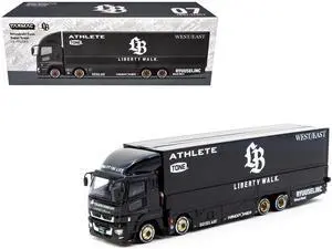 Mitsubishi Fuso Super Great Truck RHD with Transporter "Liberty Walk" Black "Truck64" 1/64 Diecast Model Car by Tarmac Works