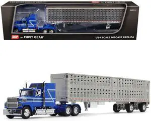 Ford LTL 9000 60" Aerodyne Sleeper w/Wilson PSAL Stockmaster Trailer Blue w/Stripes 1/64 Diecast Model by DCP/First Gear