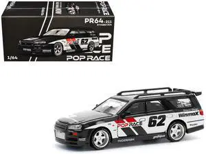 GT-R Stagea RHD (Right Hand Drive) #62 "Simon's Garage" Black with White Sides 1/64 Diecast Model Car by Pop Race