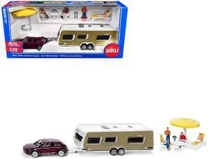 Porsche Macan Turbo Maroon Metallic & Dethleffs Exclusiv Emotion Caravan w/Figures & Camp Accessories 1/55 Diecast Model by Siku