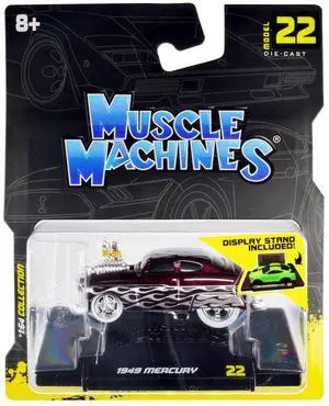 1949 Mercury Custom Coupe Dark Red Metallic with Flames 1/64 Diecast Model Car by Muscle Machines
