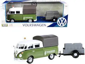 Volkswagen T1 Pickup with Canopy Green and White with Trailer "Road Service" 1/24 Diecast Model Car by Motormax